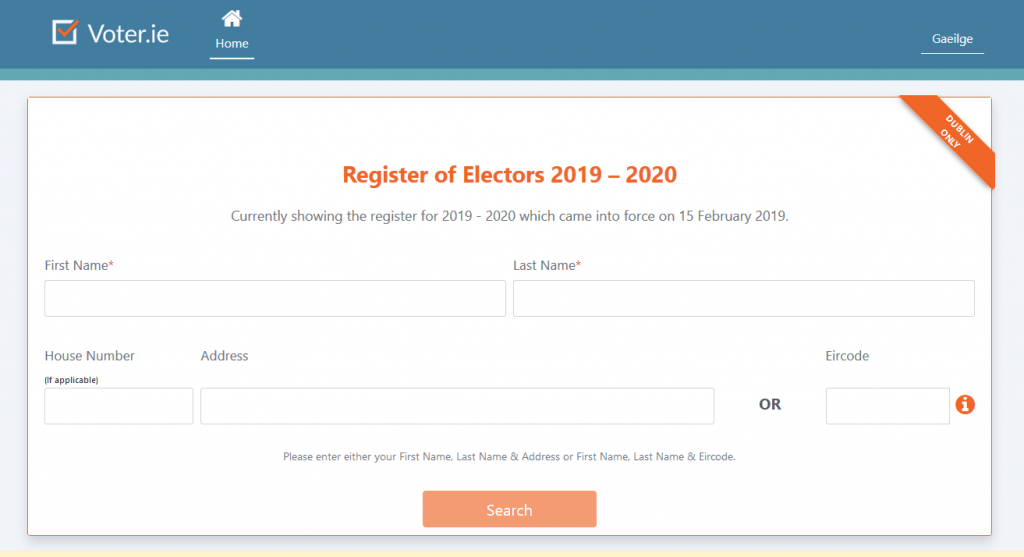 Screen Shot from Voter.ie web site